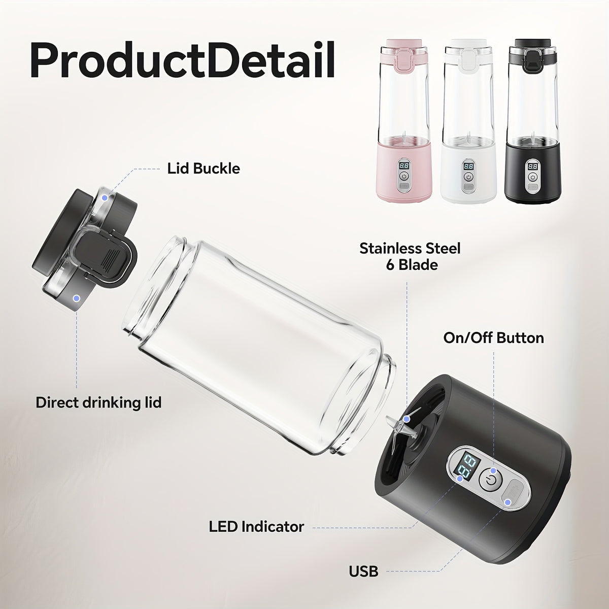 LALAYUAN USB-Powered Juicer & Juicer with Digital Timer, Battery Left Display, High-Speed Ice Crush, USB-C Fast Charge, One-Tap NO-Spill Lid, 6-Blade Stainless Steel - Smoothie Blender Portable, Protein Shakes, Gym, Travel Smoothie Maker