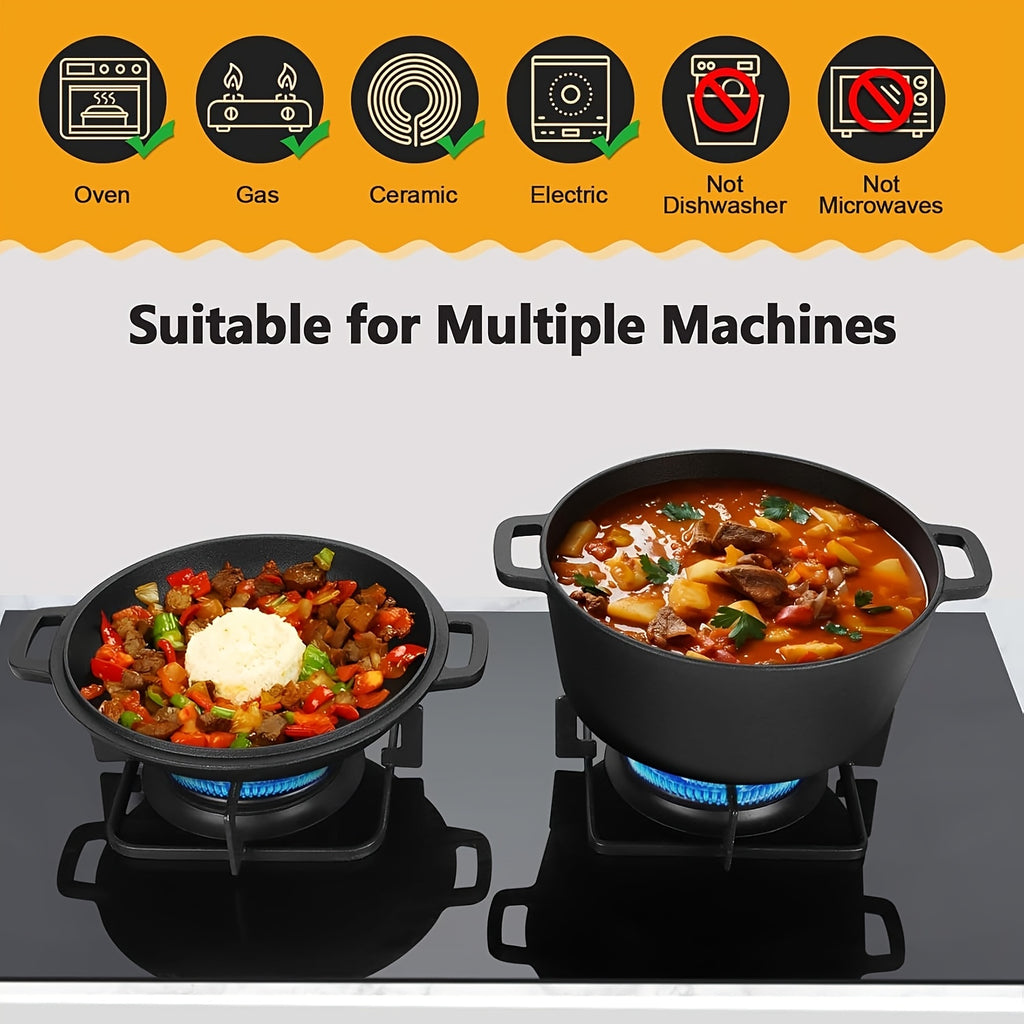 7QT Hand-built 2-in-1 Cast Iron Cookware Set (5.1QT Dutch Oven + 1.9QT Skillet) Dual-Purpose Holiday Cooking Kit For Stove, Induction, Oven, Campfire, With 2 Handles Outdoor BBQ &Indoor Make Sourdough Bread, Frying, Baking, Camping