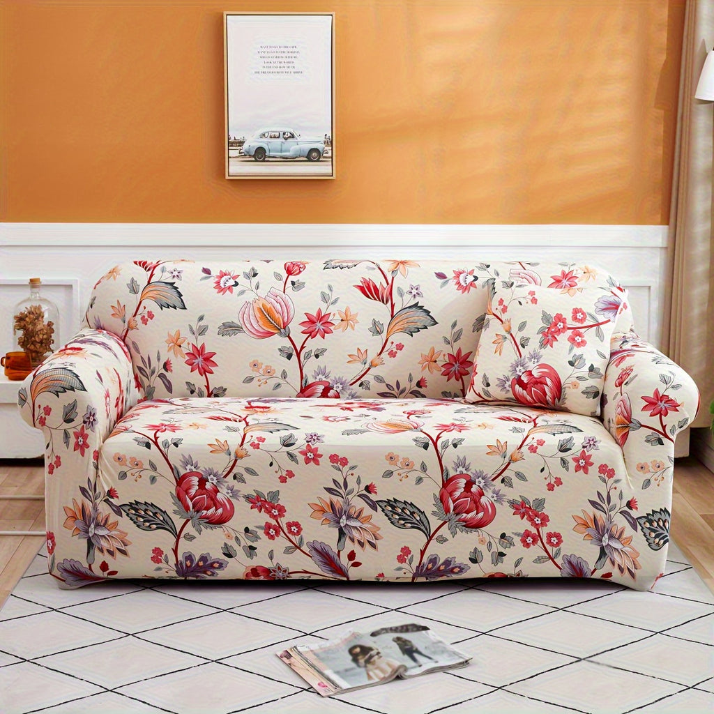 Modern Stretch Full-Size Sofa Cover - High-Stretch Polyester Blend, Non-Slip & Machine Washable, Digital Print Telescopic Fit for 1-4 Seater Sofas, Home & Office Dual-Use, Contemporary Style, Furniture Protector, Floral Pattern, Snug Elastic, Furniture Sl