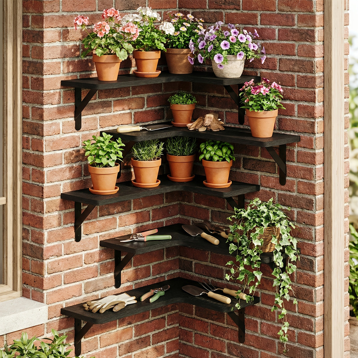 Rustic Wood Corner Floating Shelves, Wall Mounted Display Organizers in Multiple Colors for Plants, Bedroom, Living Room and Kitchen Decor