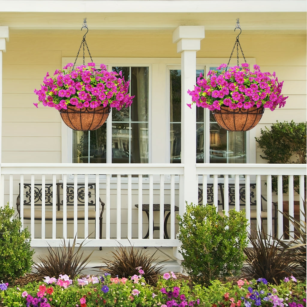 Artificial Hanging Petunia Flowers with Container, UV-Resistant Plastic Faux Floral Decor in Multicolor or Purple for Porch, Patio, Garden and Balcony