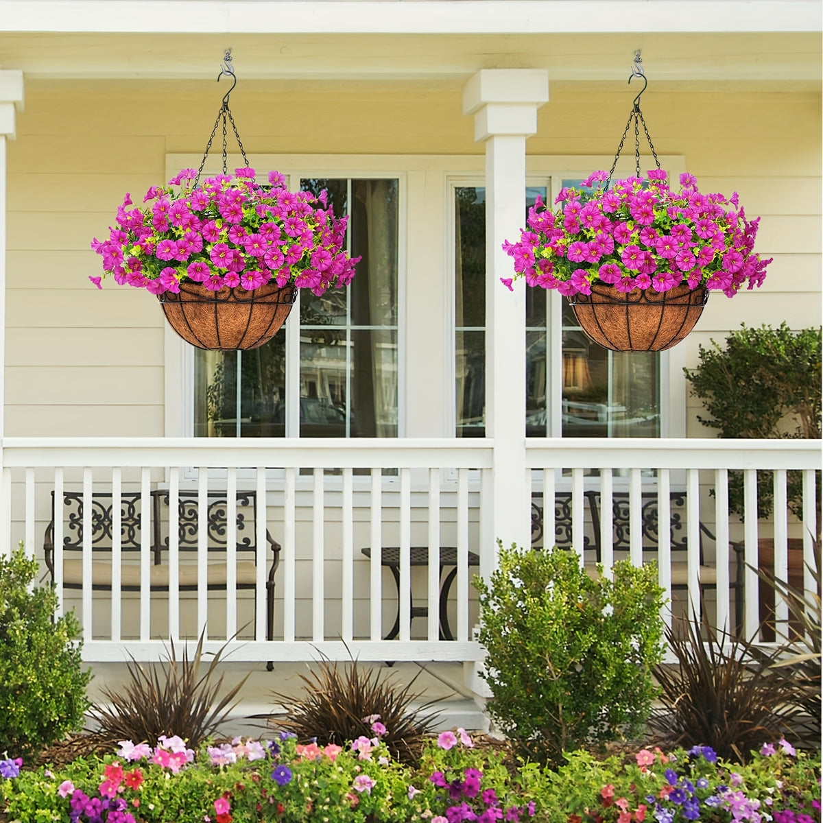 Artificial Hanging Petunia Flowers with Container, UV-Resistant Plastic Faux Floral Decor in Multicolor or Purple for Porch, Patio, Garden and Balcony