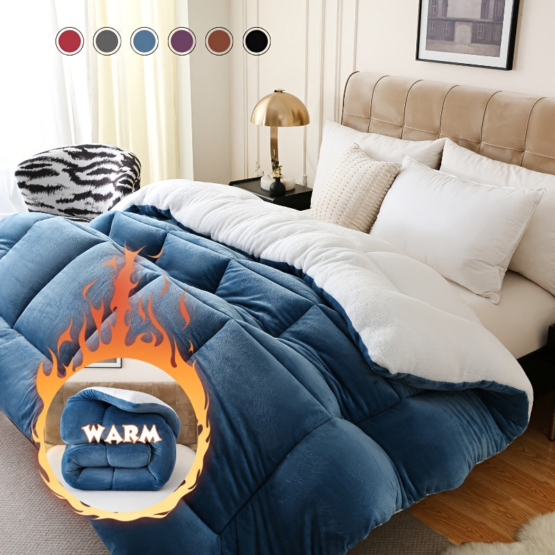 1pc Thick Soft Comforter Plush Flannel Sherpa Comforter, 600G Filling Ultra Breathable All Season Comforter Double-Sided, Box Stitch Solid Color Comforter For Bedroom, Warm For Autumn And Winter Comforter, Gift, Home Deco
