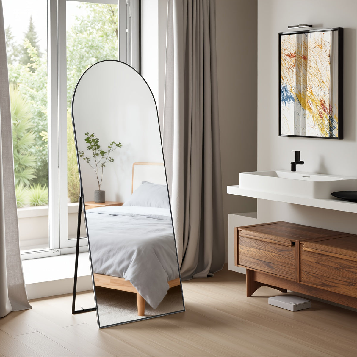 Standing Full Length Mirror with Stand and Hanging Hardware (Arched/Rectangular, Multiple Sizes) | Steel Alloy Frame & Shatter-Proof Glass for Bedroom, Living Room, Hallway, Cloakroom, Modern Home Decor