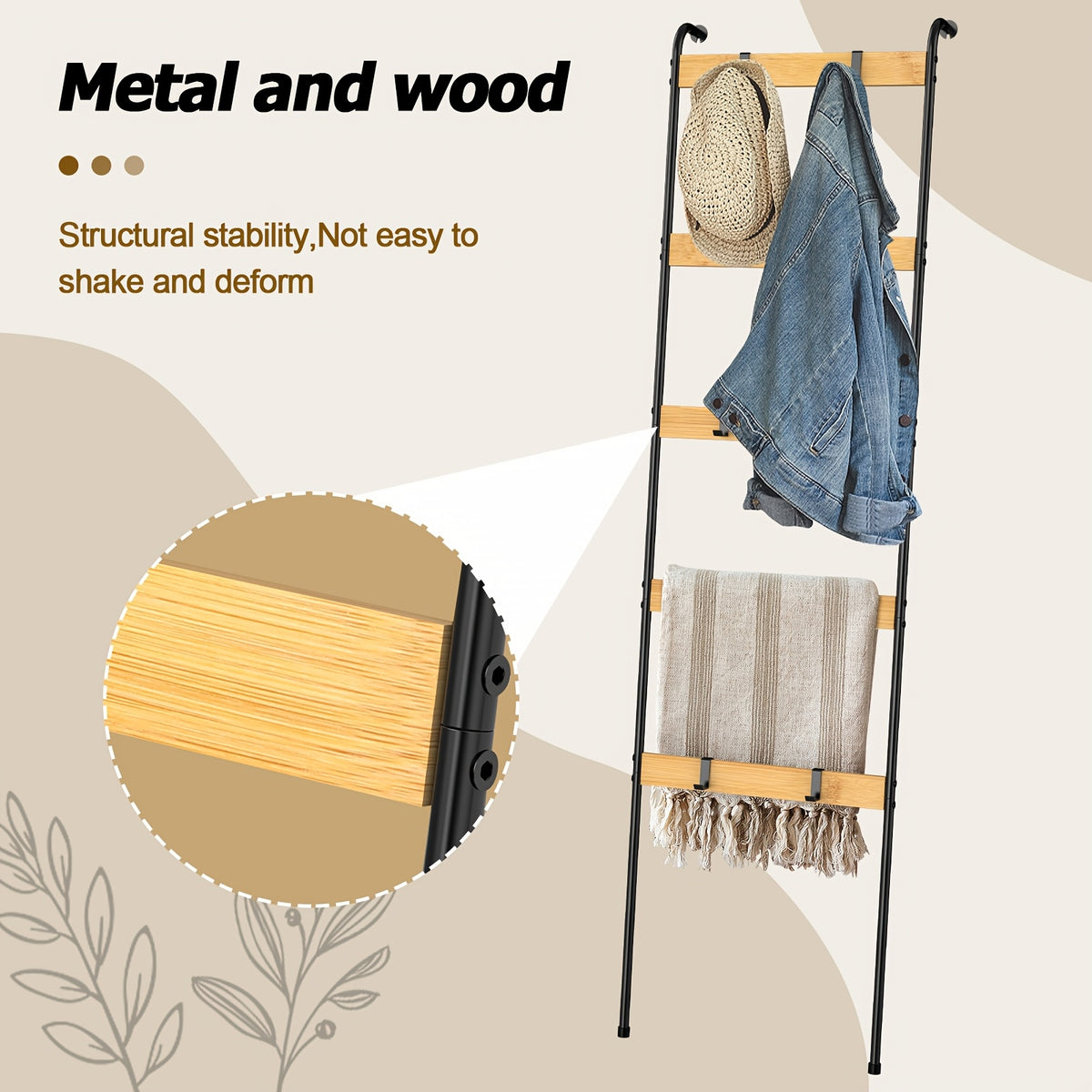 Blanket Ladder, 5 Tier Blanket Holder with 10 Removable Hooks, Farmhouse Style Blanket Ladder for Living Room Bathroom, Decorative Wall Mounted Wooden Quilt Standing Towel Drying Storage Rack