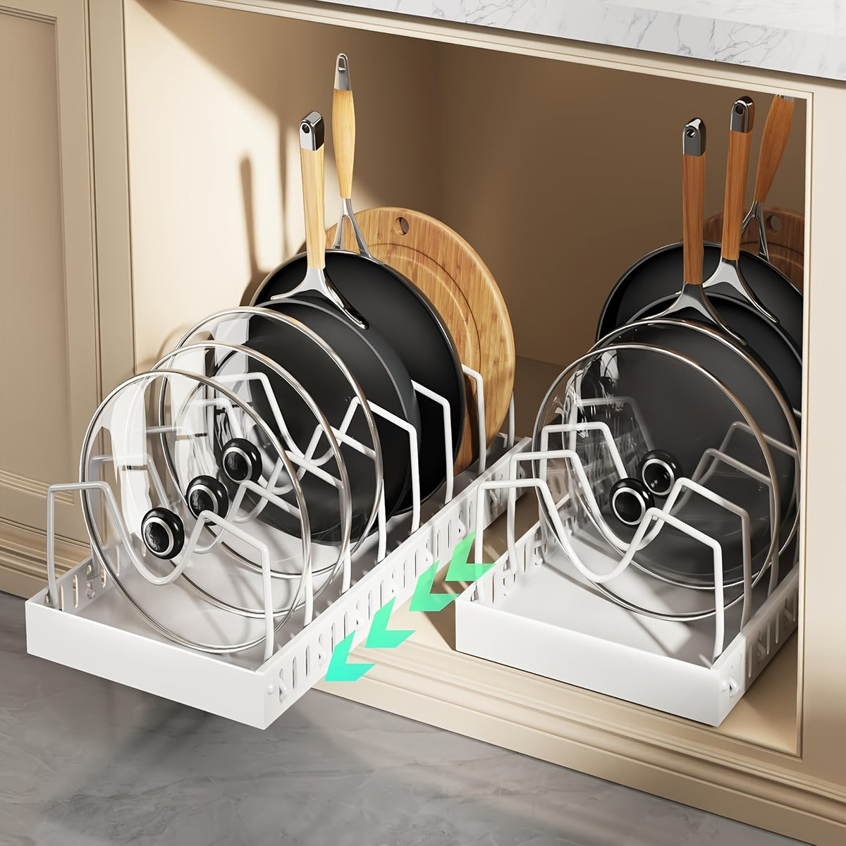 1/2pcs Pull-Out Pot And Pan Storage Box For Cabinets, Kitchen Sliding Lid Rack And Pan Holder, Cabinet Sliding Storage Box For Storing Lids, Baking Tools, And Plates, 8/16 Adjustable Dividers, Kitchen Decor And Accessories.