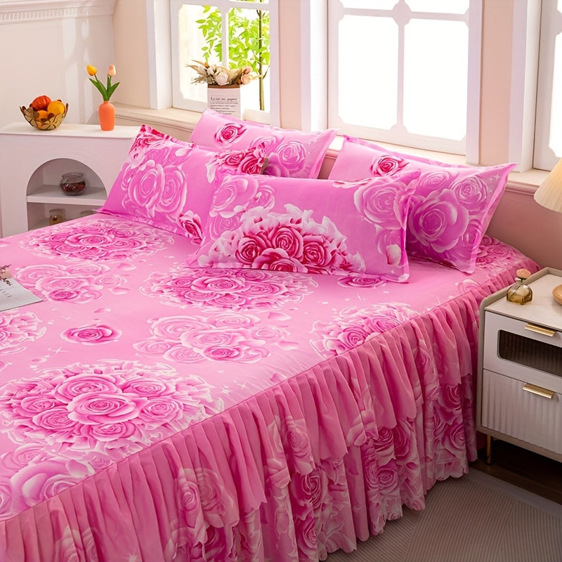 Set of 3 (1 Bed Skirt And 2 Pillowcases) Featuring a Double-Layered Hem, Adorned with a Plant And Flower Design. Includes a Dust-Proof Hem, Bed Sheet, Bed Cover, And Mattress Protector, All Machine Washable
