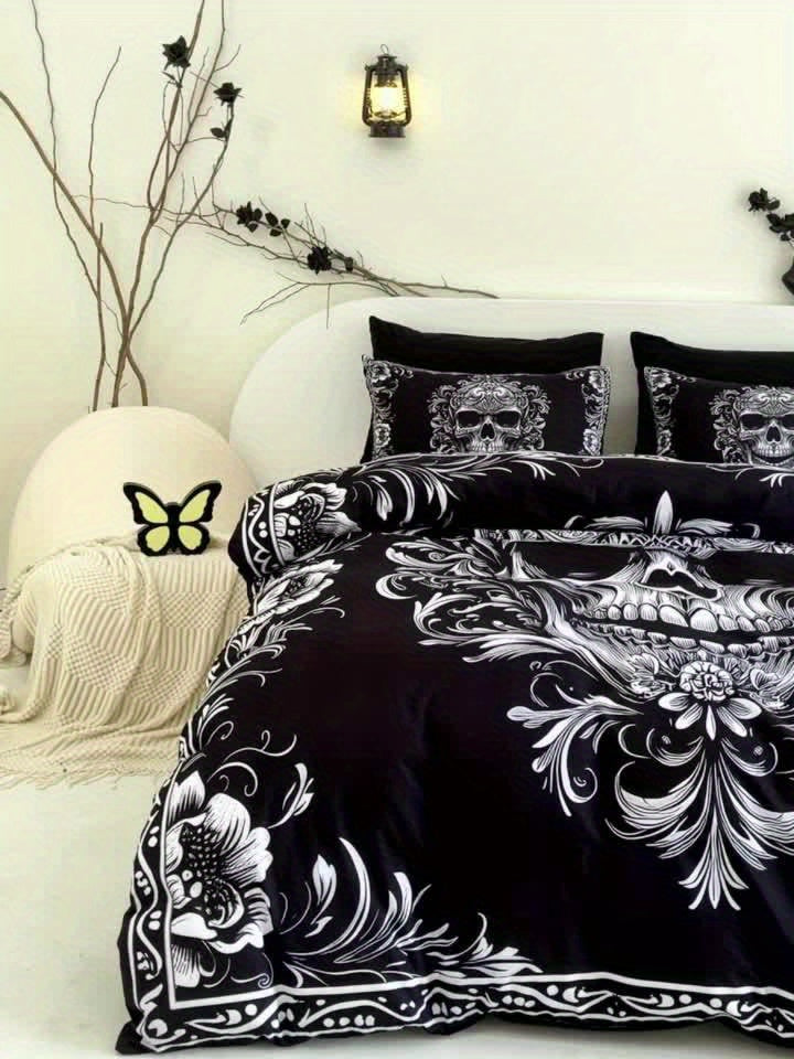 3pcs Black And White Skull Design Victoria Baroque Gothic Duvet Cover Set (1 Duvet Cover + 2 Pillowcases Without Pillow Insert), Halloween Collection, High Definition Numeric Print for Queen And King Size in Home Dormitory