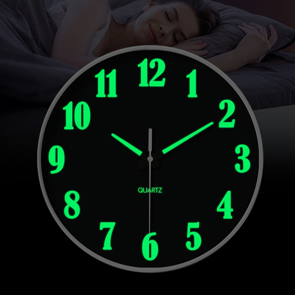 8-16 Inch Modern Black Glow-in-the-Dark Wall Clock, Silent No-Ticking, Battery Powered, Decorative Clock for Living Room, Bedroom, Office & Kitchen, Plastic Frame with High-Transparency Glass Mirror, Perfect Christmas & Housewarming Gift