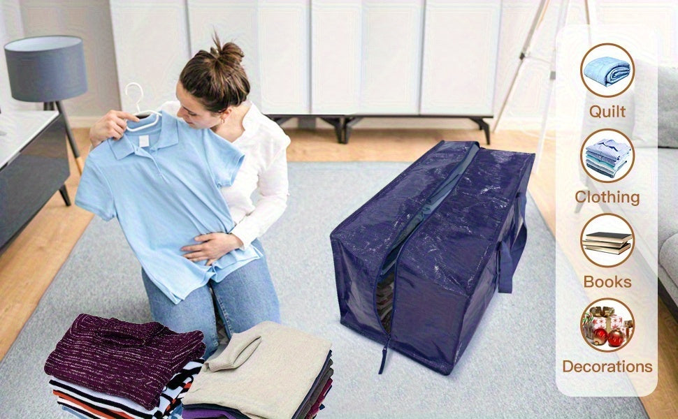 6/2 Pack Extra Heavy Duty Large Moving Bags with Strong Zipper And Comfortable Handles, Sturdy And Durable Clothes Storage Bags Totes Bins, Packing Moving Boxes for College Supplies, Blue
