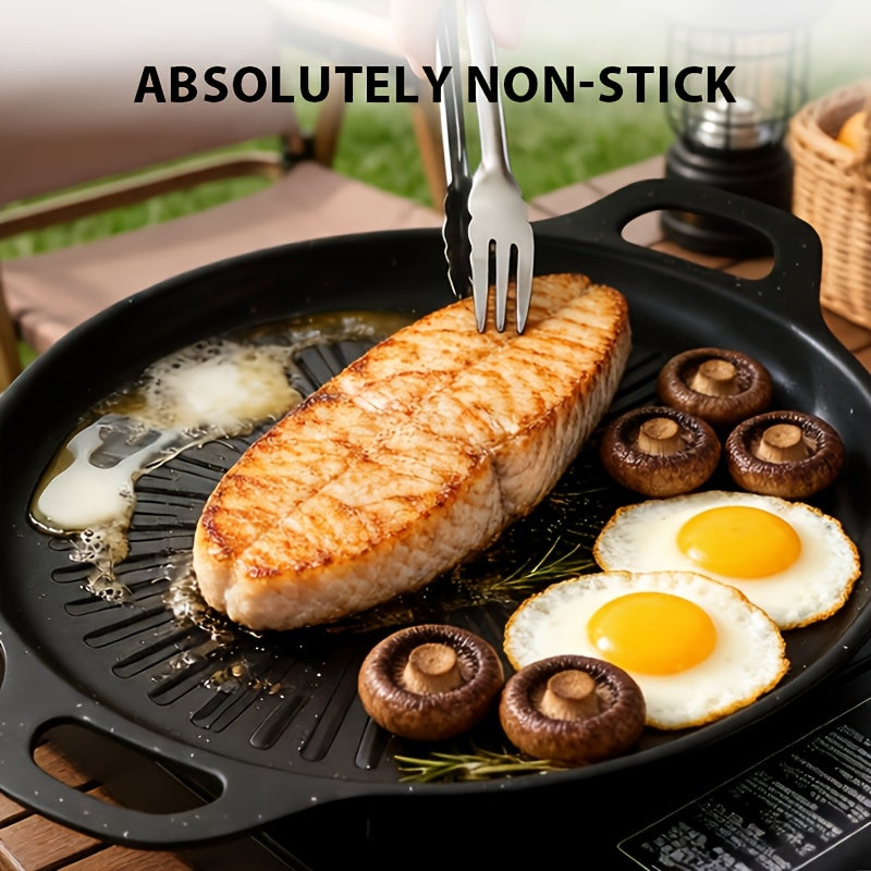 Non-Stick Frying Pan with Oil Brush, BBQ Griddle Pan with Even Heat, Oil Drain Groove And Double Handles, Multi-Functional Non-Stick Pan, Easy Clean, for Outdoor Cooking, Family Gatherings And Restaurant Use