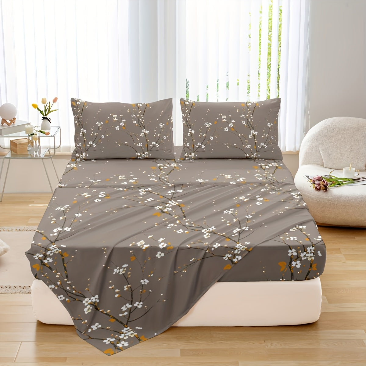 4pcs Multicolour Tree Branch Plum Blossom Sheet Protector Bed Sheet Pillowcase Four-piece Set (1 Bed Cap +1 Bed Sheet +2 Pillowcase Without Pillow Core), Deep Pocket In 15 Inch, Bedroom Dormitory High Definition Printing Room Decor