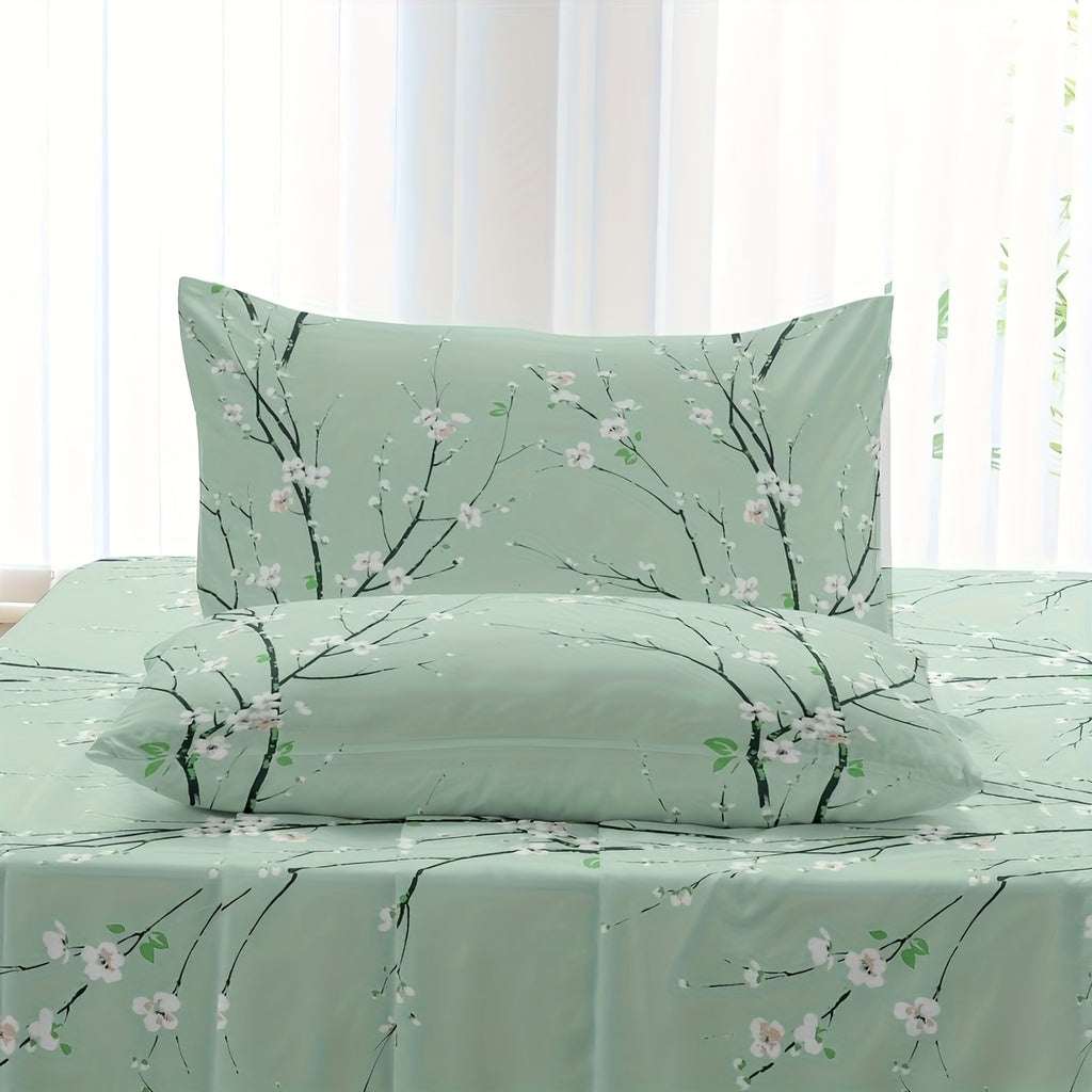 4pcs Multicolour Tree Branch Plum Blossom Sheet Protector Bed Sheet Pillowcase Four-piece Set (1 Bed Cap +1 Bed Sheet +2 Pillowcase Without Pillow Core), Deep Pocket In 15 Inch, Bedroom Dormitory High Definition Printing Room Decor