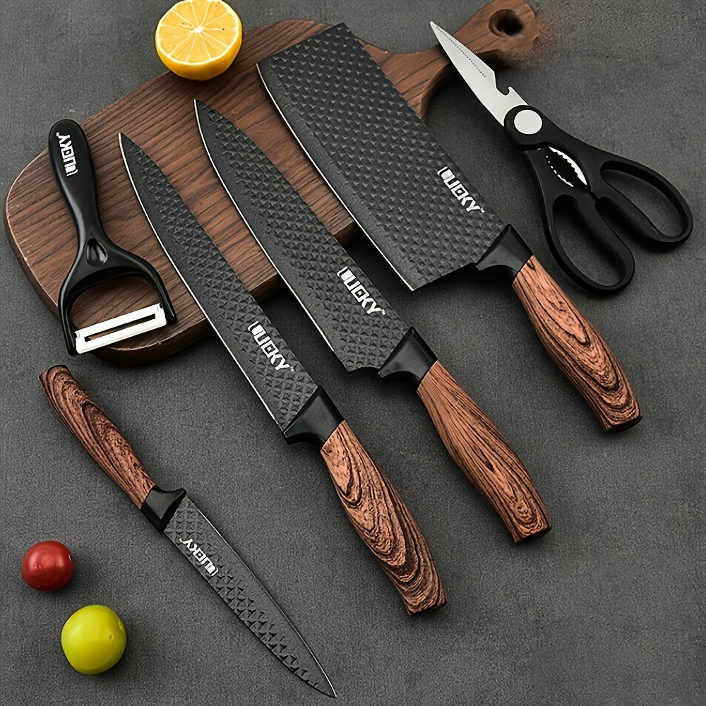 Professional 6/7pcs Cooking Utensil Set, Practical Knife, Peeler, And Scissors Made Of High-carbon Stainless Steel With Ultra-sharp Edges And Non-stick Ergonomic Wooden Handles. Chef'S Knife Set, Suitable For Family Travel, Vegetable, Meat