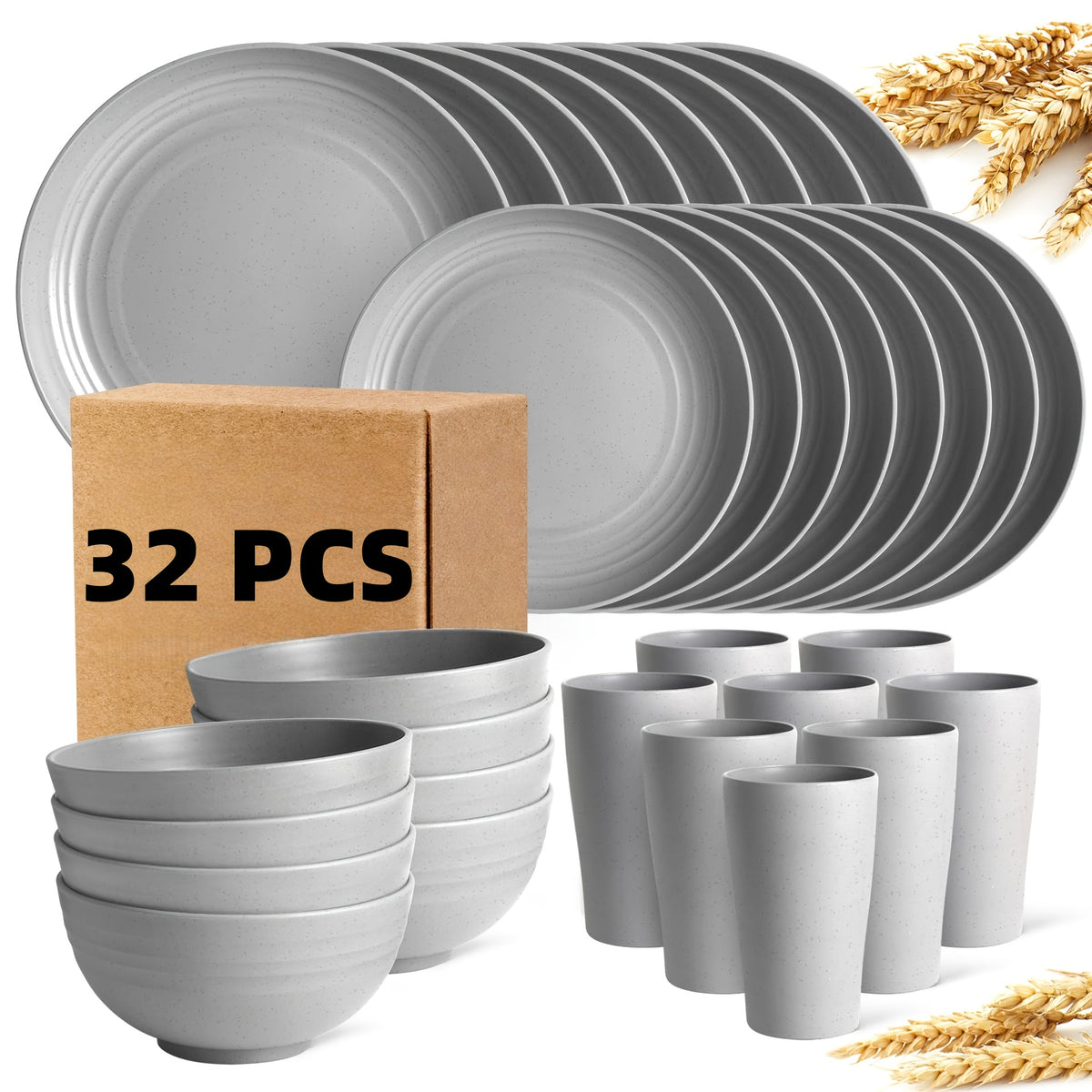 16pcs/32pcs Kitchen Wheat Straw Large Size Dinnerware Set, for 4/8, Unbreakable Modern Dish Set Dinner Plate/Dessert Plate/Cereal Bowl/Cup, Dishwasher Safe, Lightweight Tableware, Camping And Everyday Use, Gifts for Men/Women/Christmas/Halloween