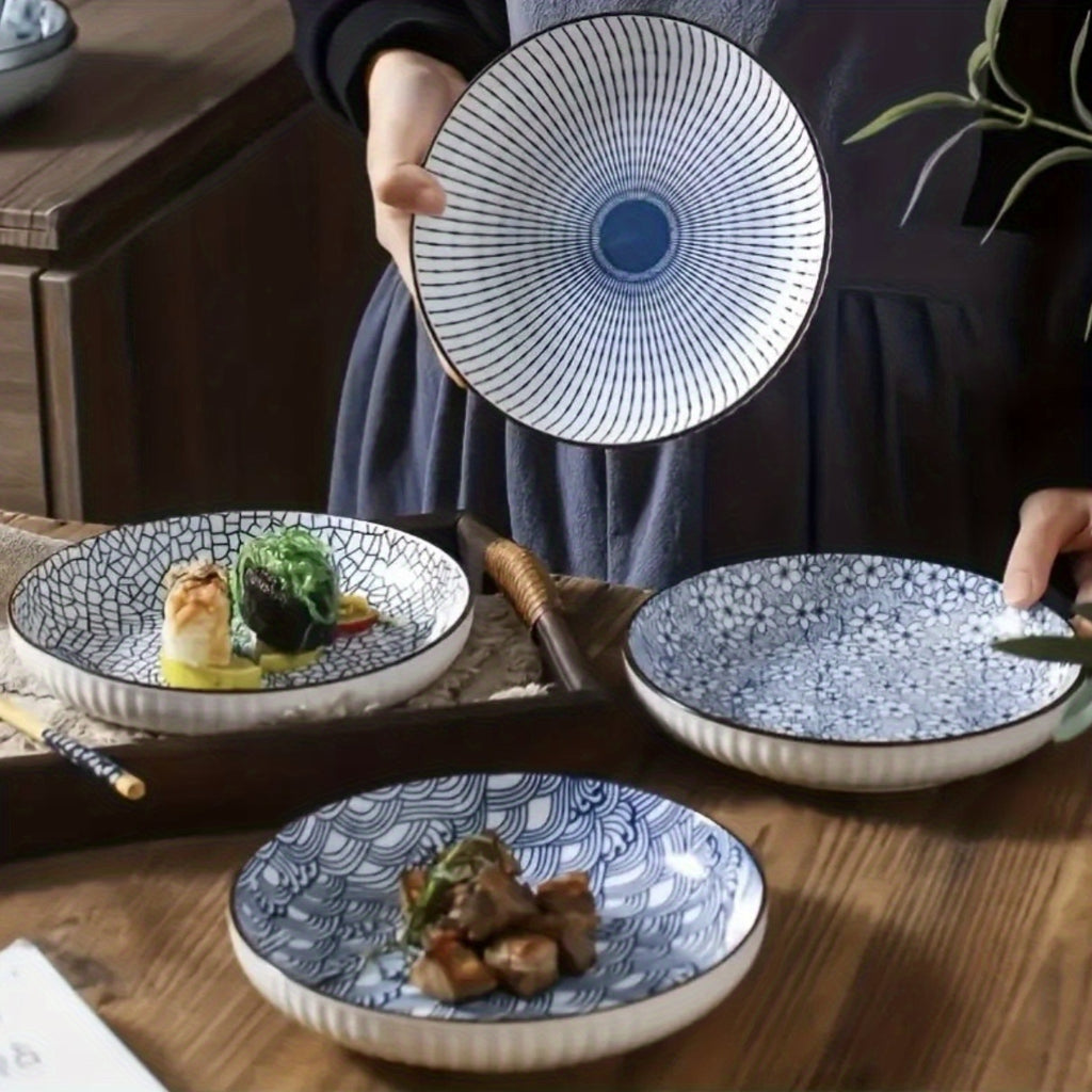 4pcs Set Of Japanese-style Ceramic Floral Plates Yamada Household Serving Plate, Nordic-style Steak Plate, Ceramic 7-inch Deep Plate, Non-slip Edge, Underglaze Color Round Plate