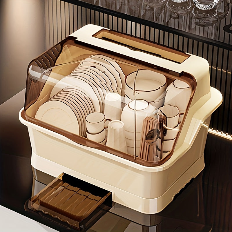 2025 Upgraded Covered Dish Organizer - Space-Saving Countertop & Cabinet Rack | Breezy Cream Cutlery Holder W/ Drain Plate | Dust-Proof Design & Effortless Setup The Best Gifts for Thanksgiving And Christmas