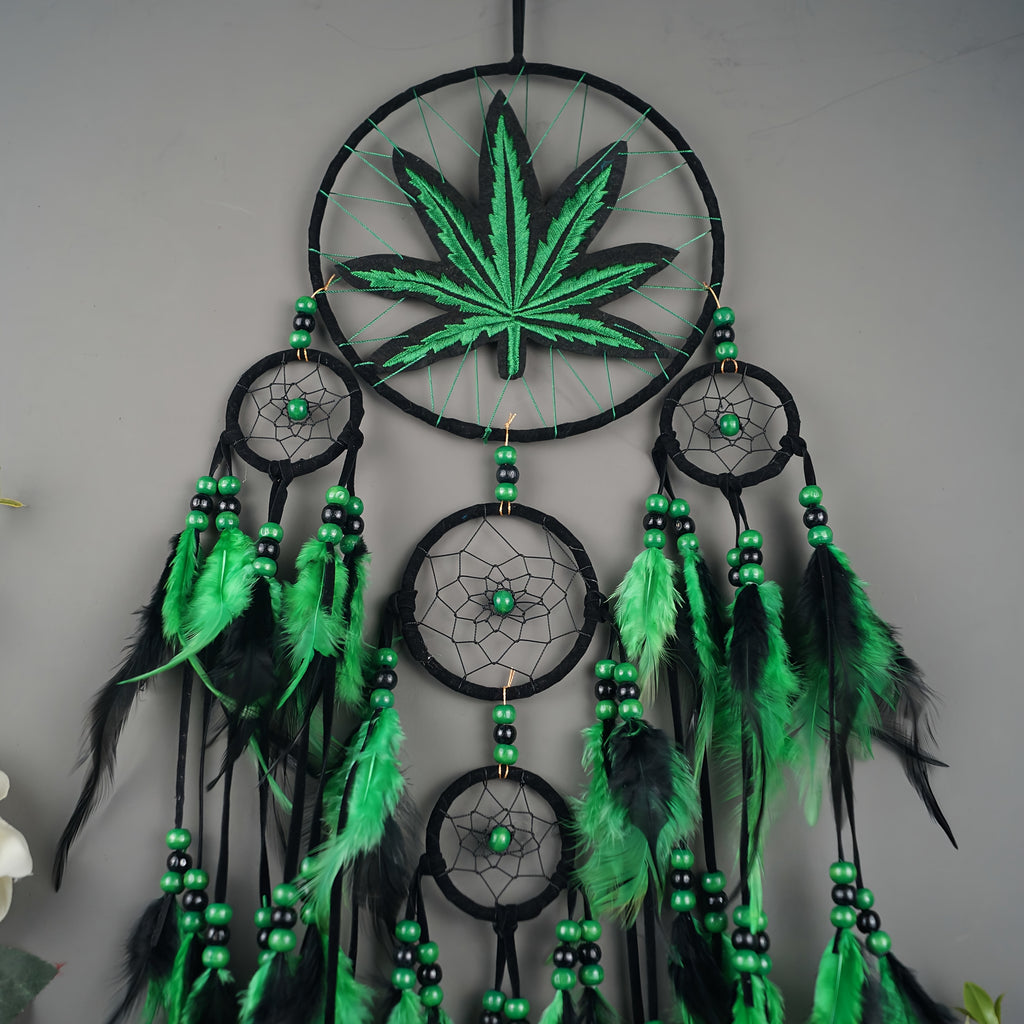 Bohemian Leaf Embroidered Dream Catcher with Feathers & Leaf Pot - Fabric Weed Gift for Women/Men, -Themed Tale Decor for Christmas, Bedside, or Cabin (Embroidery, Not Smokeable)