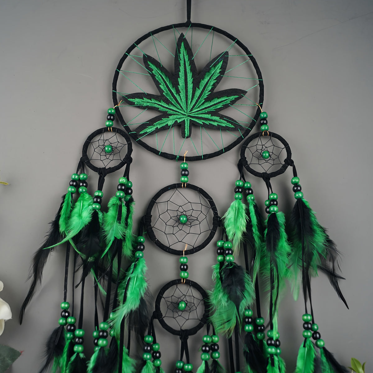 Bohemian Leaf Embroidered Dream Catcher with Feathers & Leaf Pot - Fabric Weed Gift for Women/Men, -Themed Tale Decor for Christmas, Bedside, or Cabin (Embroidery, Not Smokeable)