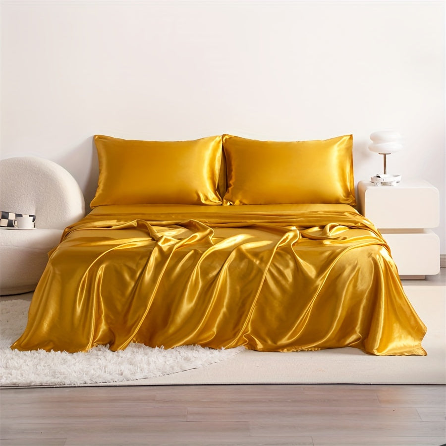 4pcs Cooling Satin Bed Sheet Set, Shrink-Resistant, Fade-Resistant, Hypoallergenic, Breathable,Flat Sheet & Fitted Sheet & Pillowcase Set with Deep Pocket, 300 Gsm