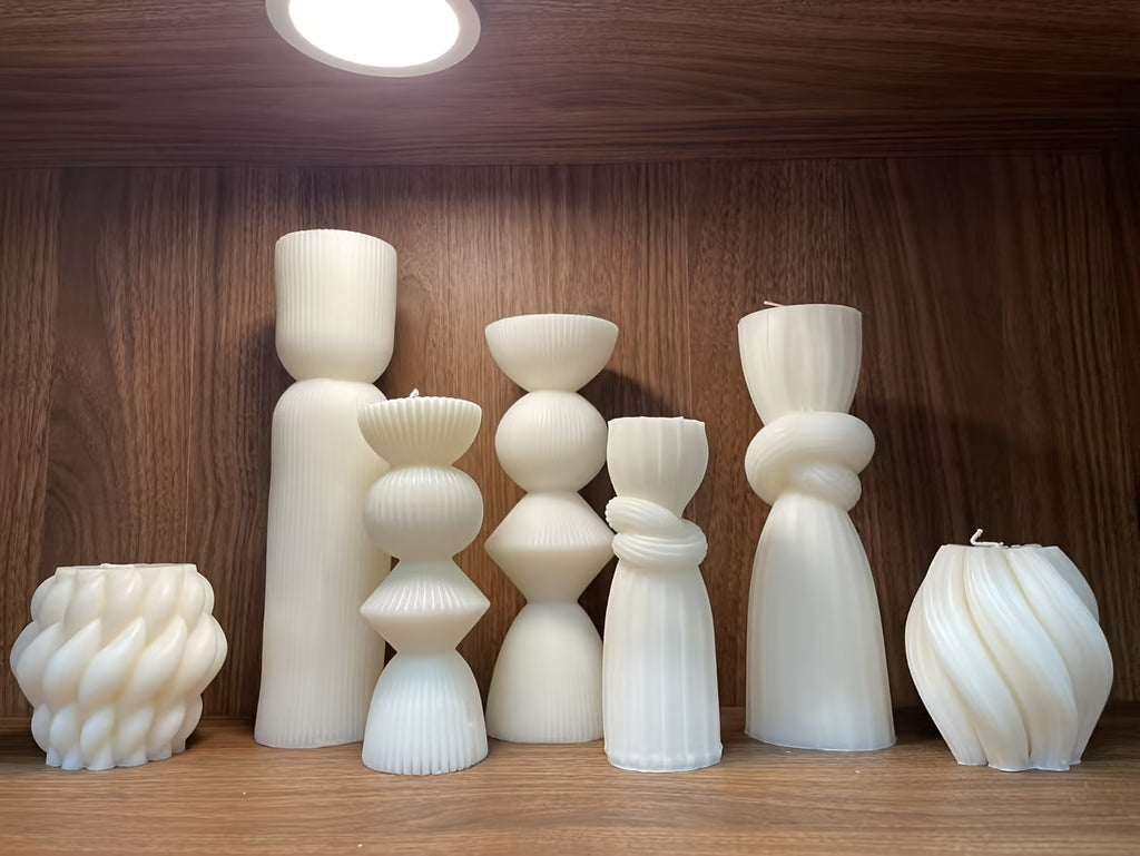 7-Pack Large Ribbed Pillar Candles - Soy Wax Handmade Home Decor Candles For Housewarming Gift, Shelf Decor, Wedding, Dining Table Centerpiece