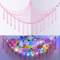 Stuffed Animal Storage Hammock with Lights, Polyester Corner Hanging Plush Toy Net with 3 Hooks in Pink, Blue, White or Black for Bedroom Organization