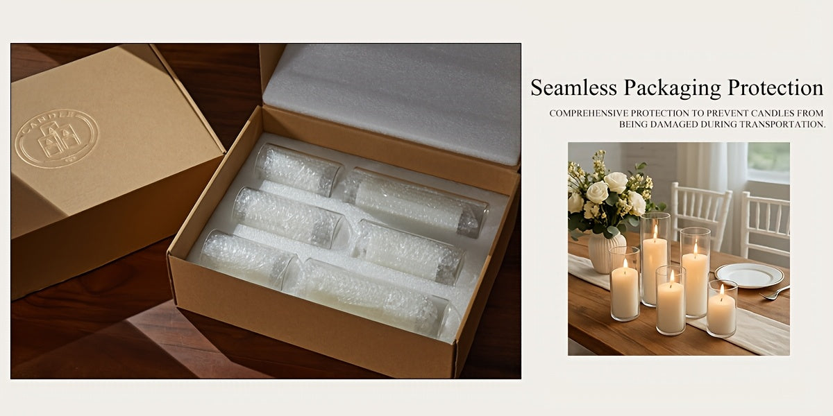 White Pillar Candles with Clear Glass Hurricane Holders- Elegant Cylinder Candle Vases for Weddings, Parties, Centerpieces, Home & Office Decor