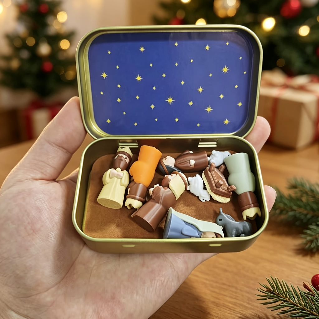 Handmade Miniature Christmas Nativity Set In Tin Box - Portable Pocket-Sized Manger Scene with Mary,, Jesus, Shepherds Animals Figures - Hand-Paintedfor/Easter Gift
