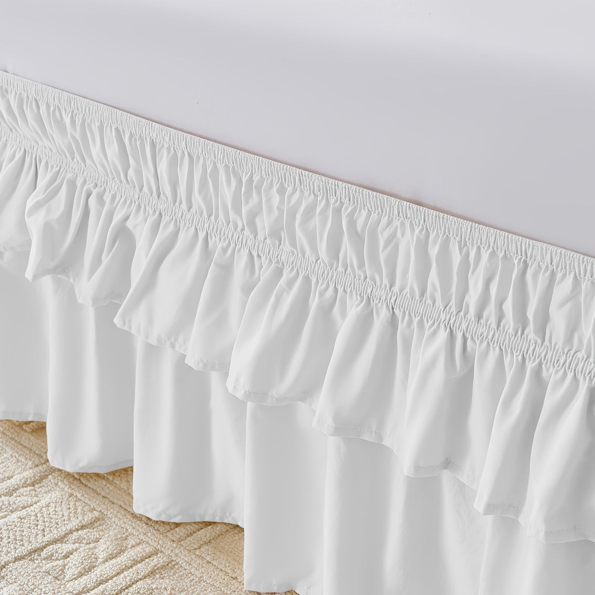 Double Ruffle Bed Skirt 16 Inch Drop, Elastic Wrap Around Bed Skirts For Twin Full Queen King Size Bed, Easy To Install Dust Ruffle, Machine Washable Soft Fabric, Multi Ruffle Bedskirt For Bedroom Bedding Home Decor