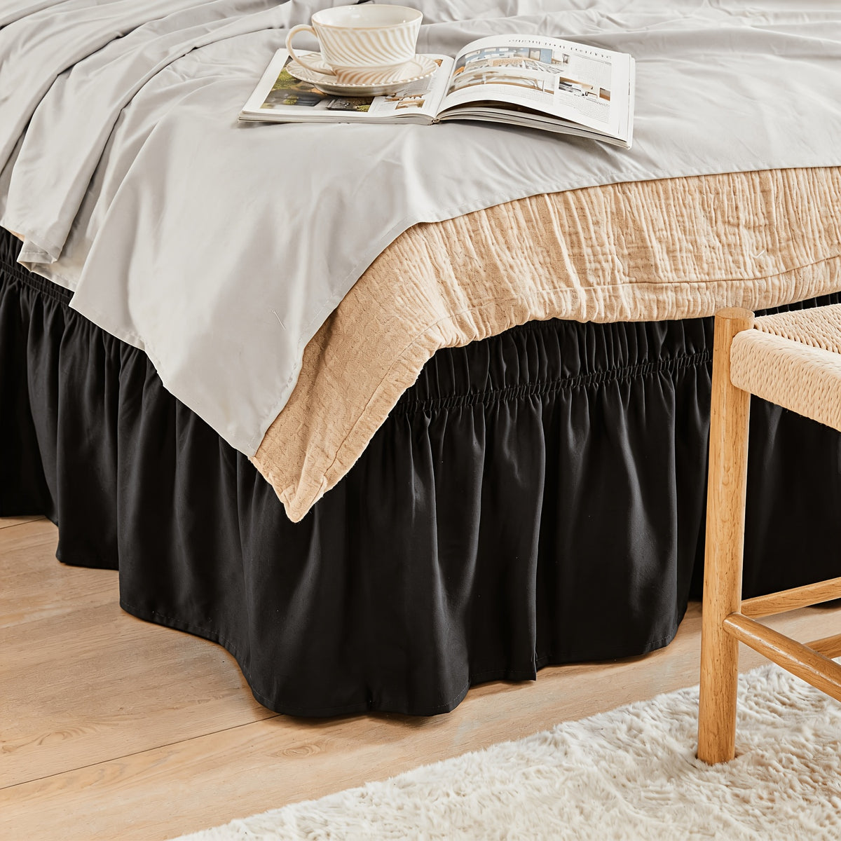 Leafy Sleep Elastic Bed Ruffle, Easy Wrap Around Ruffle, Microfiber Bed Skirt with Adjustable Elastic Belt 15 Inch Tailored Drop, Hotel Quality Bed Skirt, Fade Resistant, Easy Fit, Machine Washable