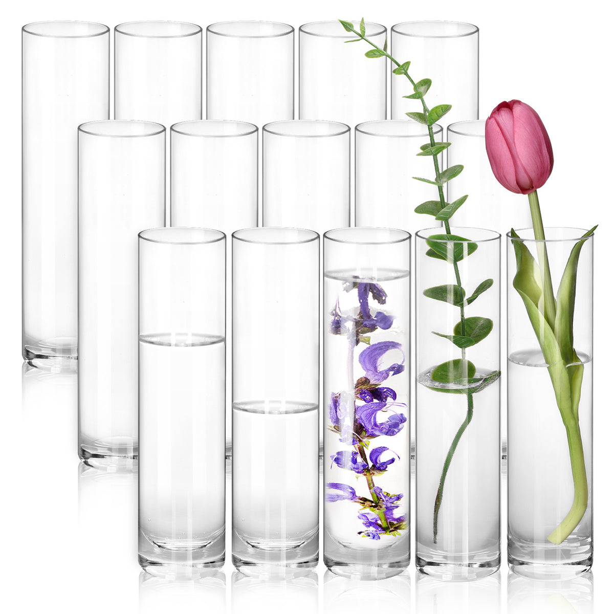 WHONLINE 15Pcs Clear Glass Cylinder Vases, 7.5 Inch Tall, Glass Flower Vase Centerpieces, Glass Flower Vase, Hurricane Floating Candle Holder Vase for Table Shelf, Party, Wedding, Home Decor, Collectible Buildings & Accessories