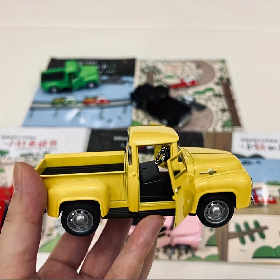 Vintage Pickup Truck Model, 4.9 x 2 x 1.8 Inch Alloy Metal Ornament with Chrome Accents in Eight Colors for Home Shelves and Office Desk Decor