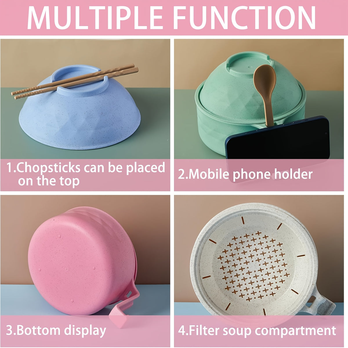 6pcs/Set Microwave Ramen Bowl Set, Ramen Noodle Cooker With Lid & Handle, Perfect For Home, Office, Dorm, Or College Tableware