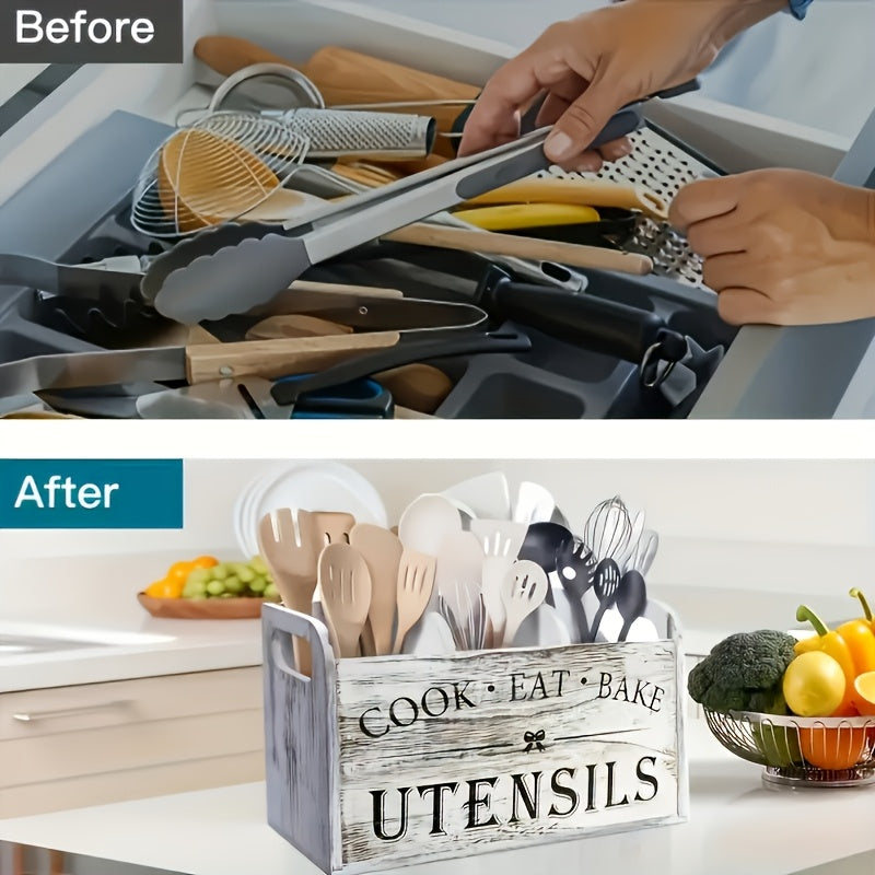 Extra Large Rustic Wooden Utensil Organizer - 3-Compartment Countertop & Wall-Mounted Storage Box for Cooking/Baking Tools, Heavy-Duty Kitchen Rack with Multi-Functional Design (Natural Wood)