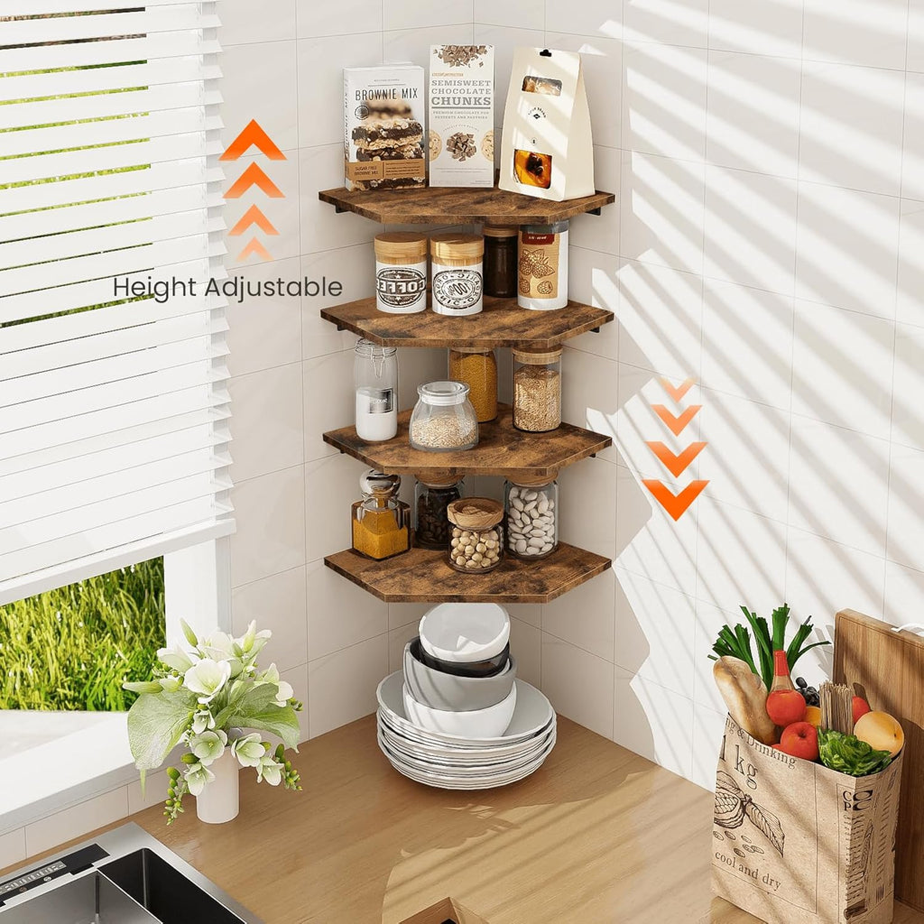 4pcs Solid Wood Corner Shelf Set - Rustic Brown Wall-Mounted Cable Management Shelves with Wire Hole Design & Hidden Wiring for Bathroom, Bedroom, - Space-Saving Corner Shelves Suitable for Cable Boxes & Storage Organization