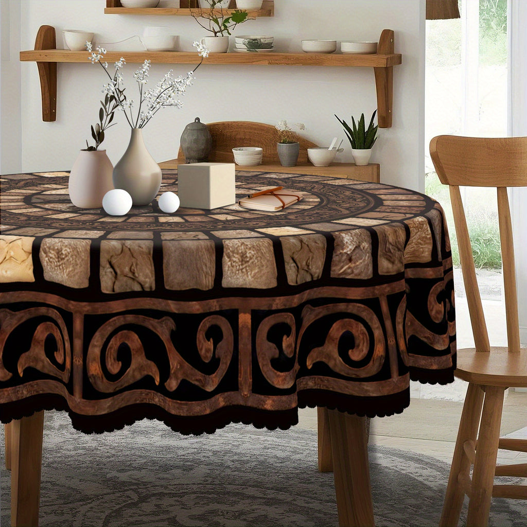 Brown Floral Tablecloth, Vintage Stone-Pattern Polyester Table Cover in Round and Rectangular Sizes for Rustic Dining Room and Traditional Home Decor