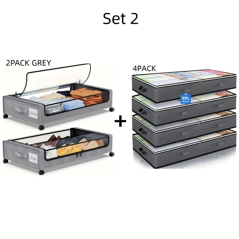 Under Bed Storage Set, 2Pack Under Bed Storage with Wheels And 4Pack 23.78gal Under Bed Storage Containers, Foldable Closet Organizers And Storage with Label Holder for Clothing, Blankets, Books, Shoes, Comforter & Pillows, Under-Bed Storage