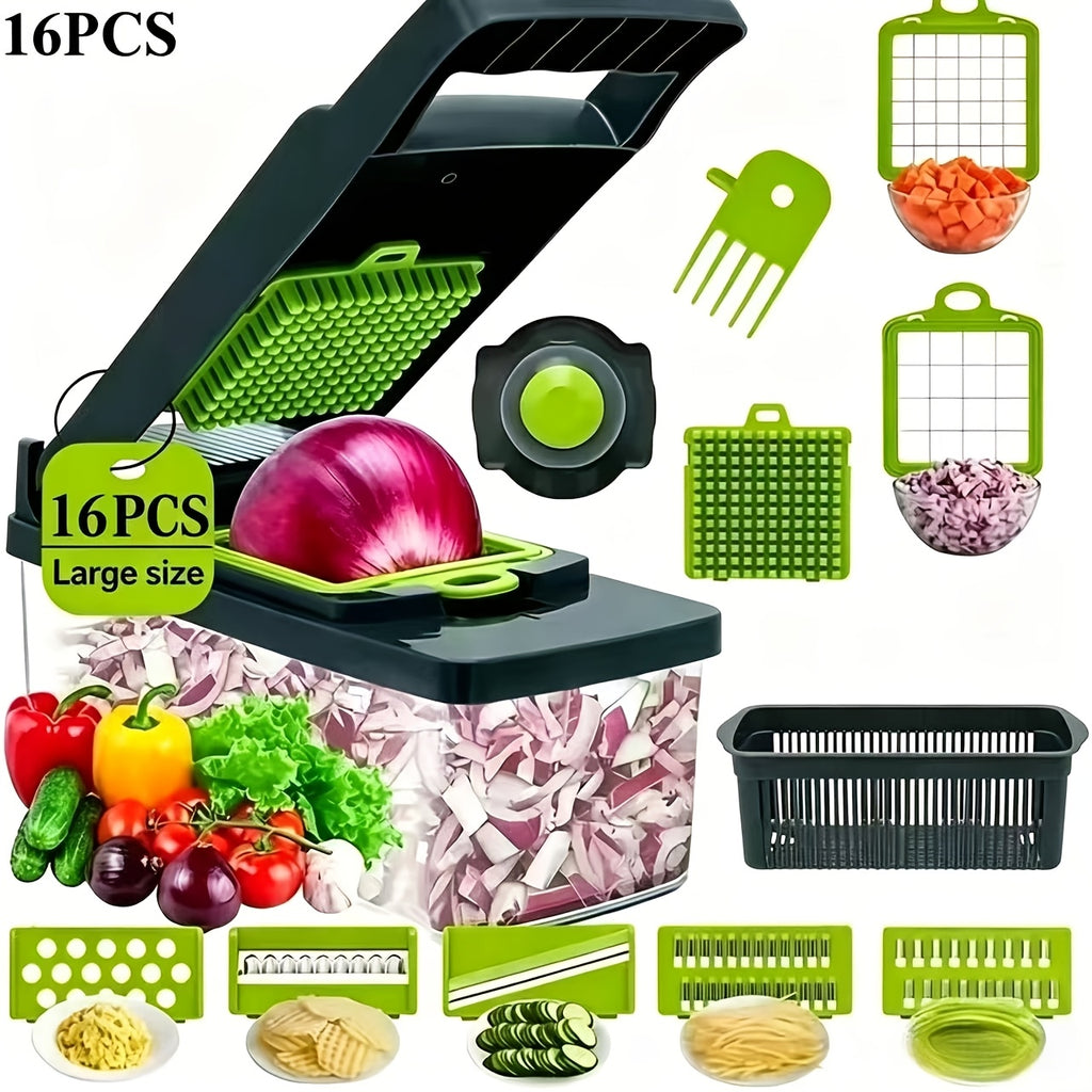 16pcs Upgraded Vegetable Chopper, Multifunctional Fruit Slicer, Handle Based Food Grater, Container Cutting Tool, Multi Blade Replaceable Onion Chopper, Household Potato Slicer