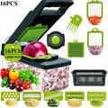 Vegetable Chopper with Press Handle, Multifunctional Slicer and Food Grater with Replaceable Blades and Container for Onion, Potato and Fruit Prep