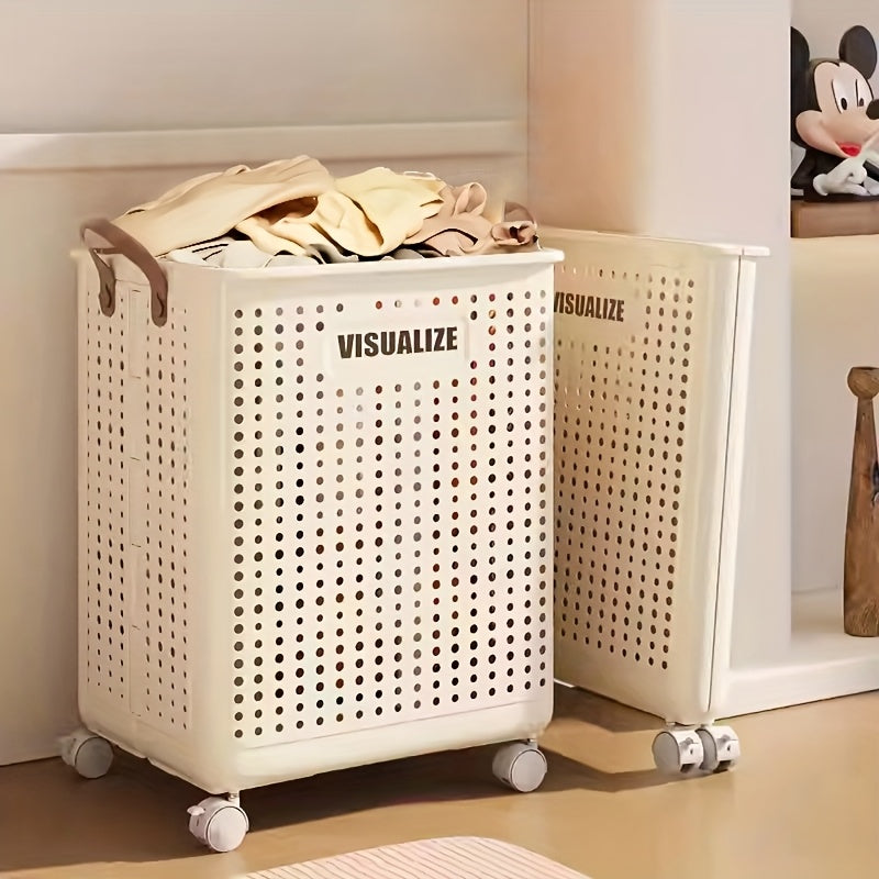 Large And Medium Foldable Ceramic White Laundry Baskets - Pu Leather, Hand Washable, Solid Color, Multi-Functional Portable RV Dirty Clothes Hamper with Wheels for RV Bathroom And Balcony Storage with 2 Stickers