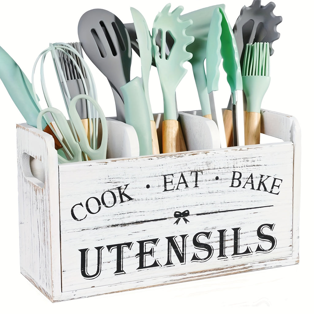 1pc of a Spacious Rustic Wooden Organizer for Kitchen Utensils, Featuring a Handle And Three Compartments. It Can Be Placed on The Countertop Or Mounted on The Wall, Making It Ideal for Storing Cooking, Dining, And Baking Tools