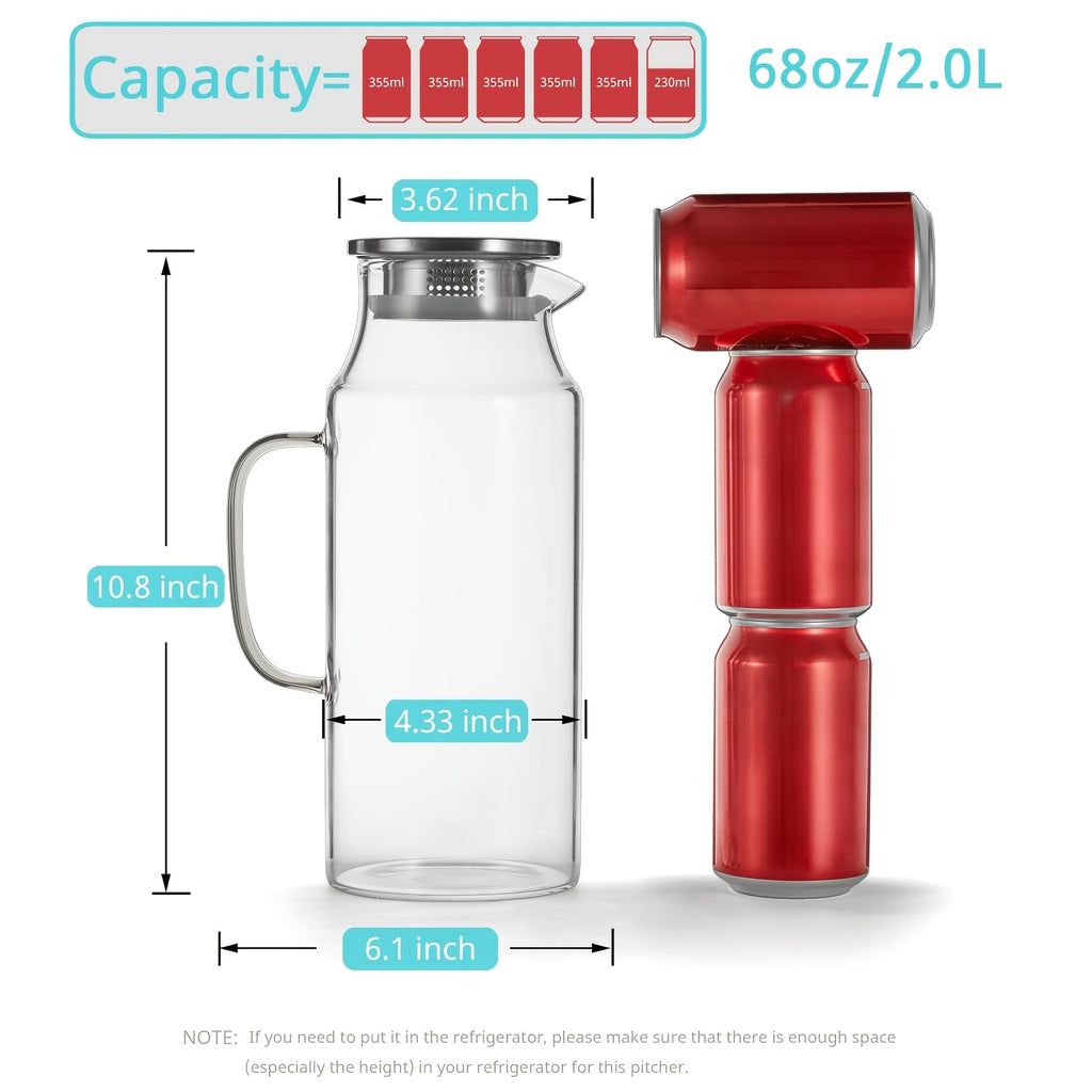 1 Pack/2 Pack 68oz Square Glass Pitcher with Lid And Handle for Fridge, Iced Tea And Coffee Carafe Beverage Serveware, Heat Resistant Borosilicate Water Jug for Hot/Cold Drinks And Milk, 304 Stainless Steel Lid