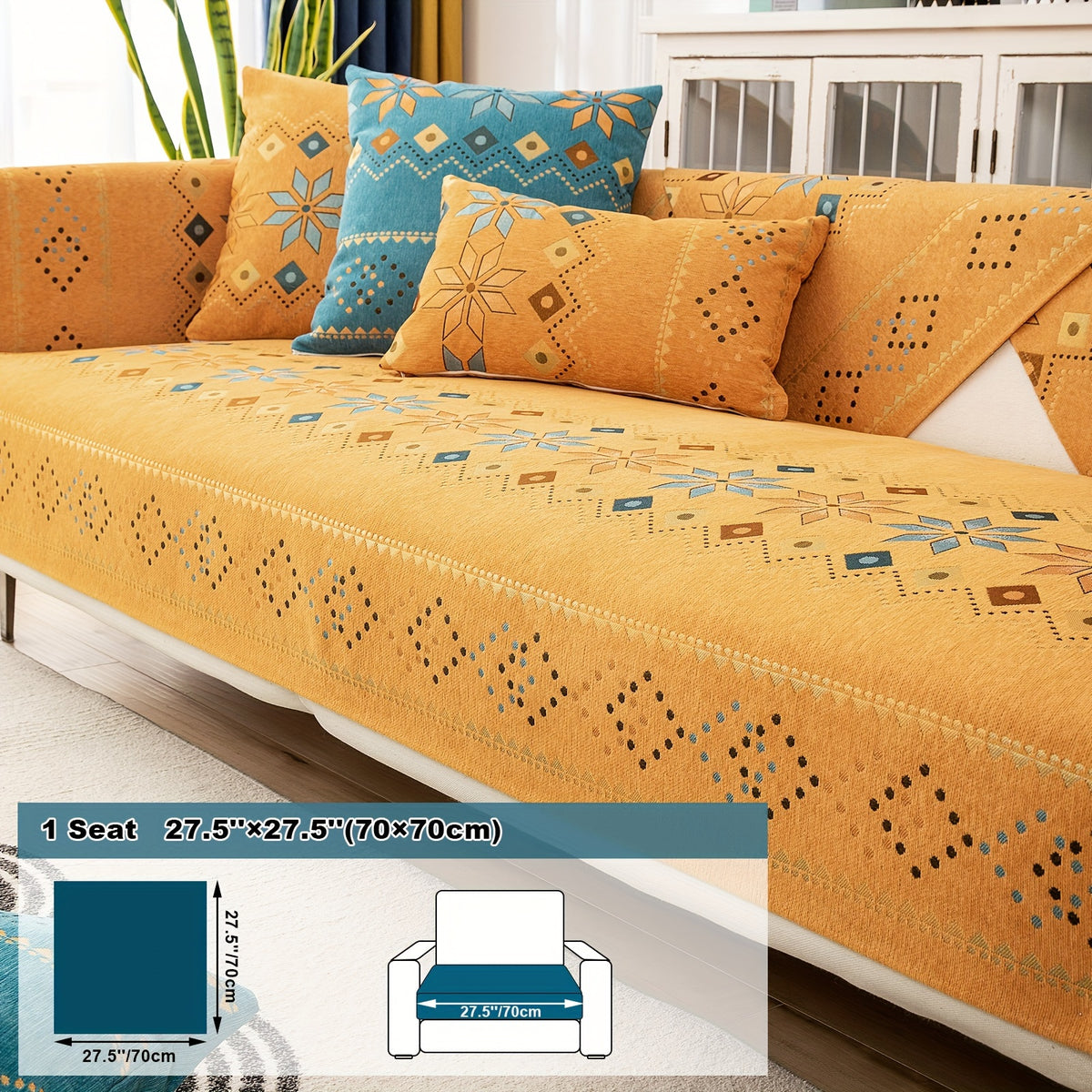 1pc Bohemian Chenille Sofa Cover Suitable for Sofa Sizes (Single to Four-Seater) - Thick Plush Non-Slip Couch Cover with Geometric Embroidery, Chenier Fabric Slipcover Fits for Sectional Sofas, Machine Washable Furniture