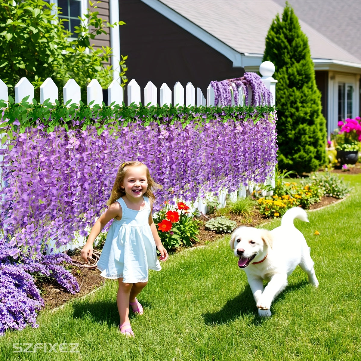 24 Pack (Total 90 Feet) Artificial Fake Wisteria Vine Rattan Hanging Garland Flowers String Home Party Wedding Decor (24, Purple)