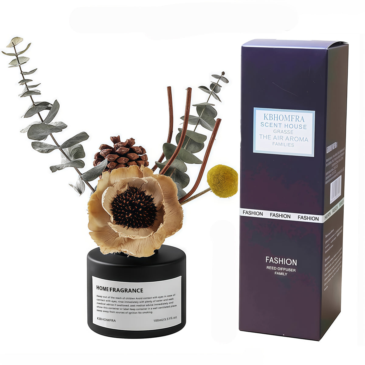 KBHOMFRA Rattan Reed Diffuser, Infused with the Fragrance of Jasmine, Cedarwood, and Gardenia, Paired with Autumn-themed Dried Flowers and Rattan Reeds. Contains 4.06oz of Essential Oil for Long-lasting Fragrance, up to 90 Days. Suitable for Living