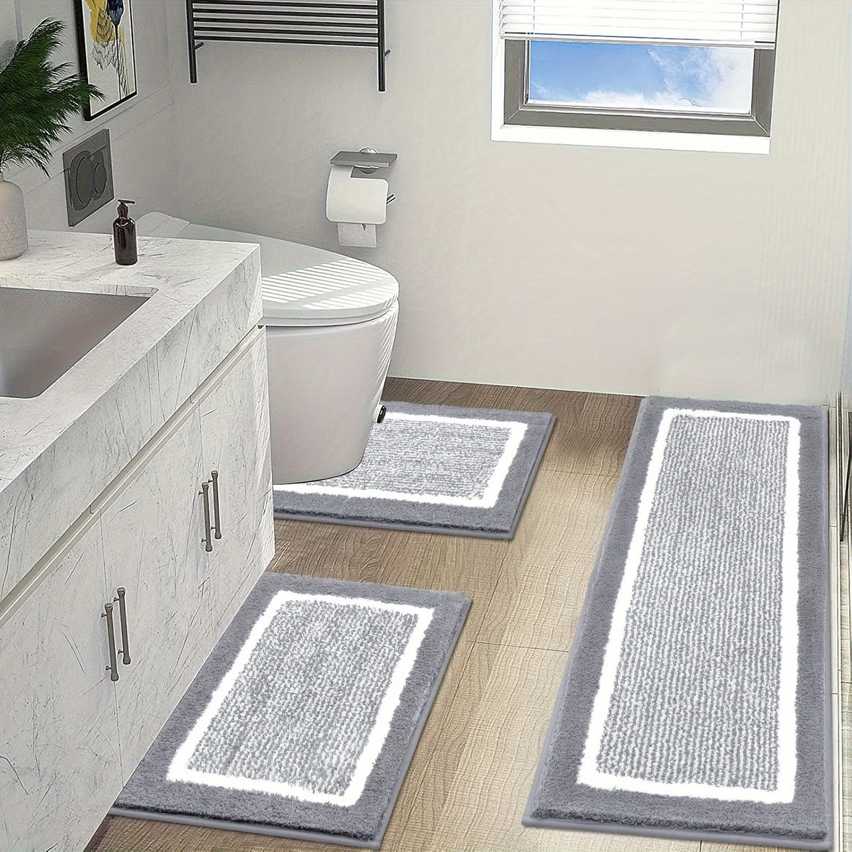 Bathroom Rug Set 3pcs Non-Slip Absorbent Bath Mats for Bathroom Sets Washable Microfiber Bathroom Rugs And Mats Shaggy Bath Rugs And U-Shaped Toilet Mat for Bath Floor