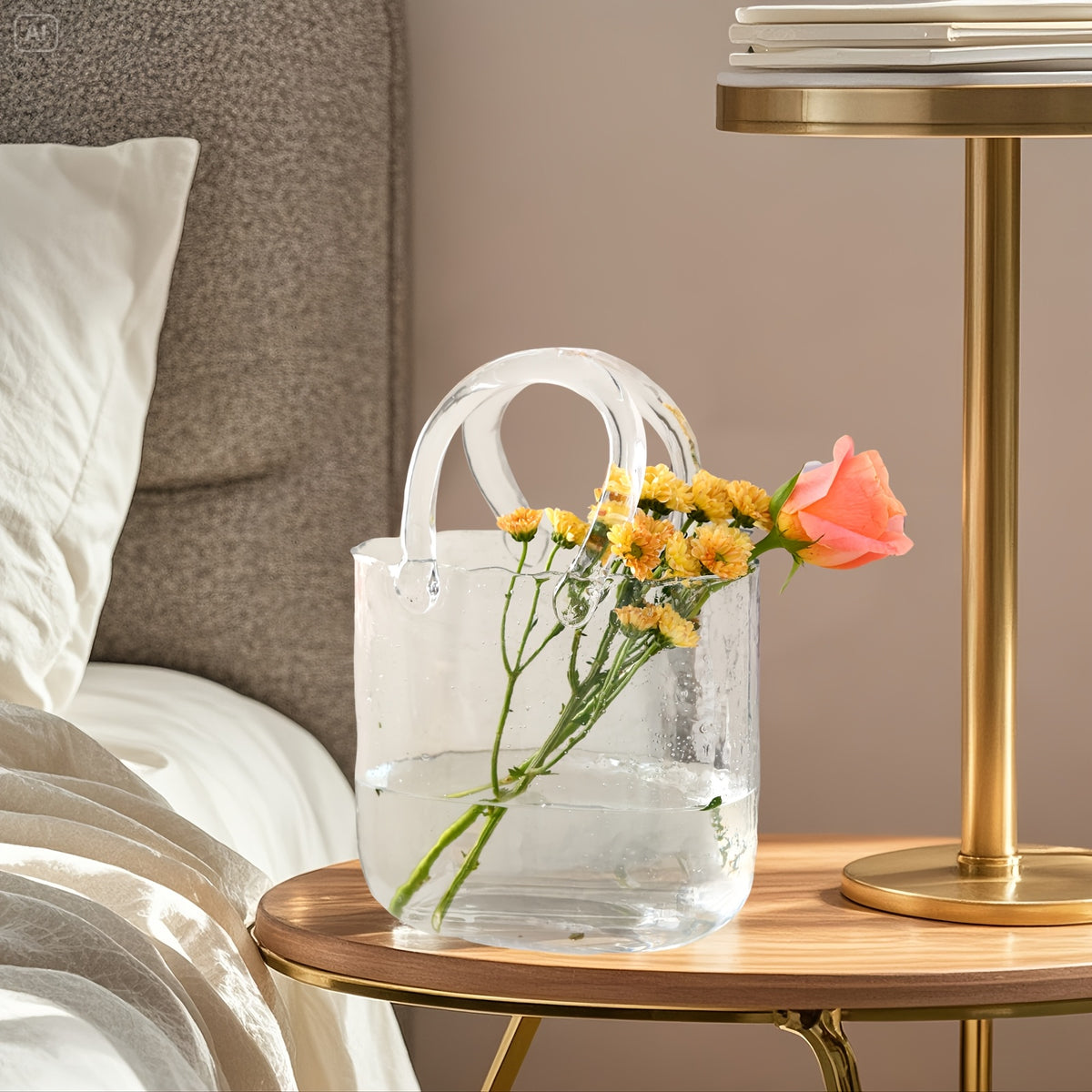 TOMNK Flower Vase in The Shape of a Purse, Designed for Flowers And As a Fish Bowl with Bubbles. This Charming And Distinctive Handbag Vase Is Transparent, Suitable for Fish Tanks And Hydroponic Planting. It Serves As Home Decoration