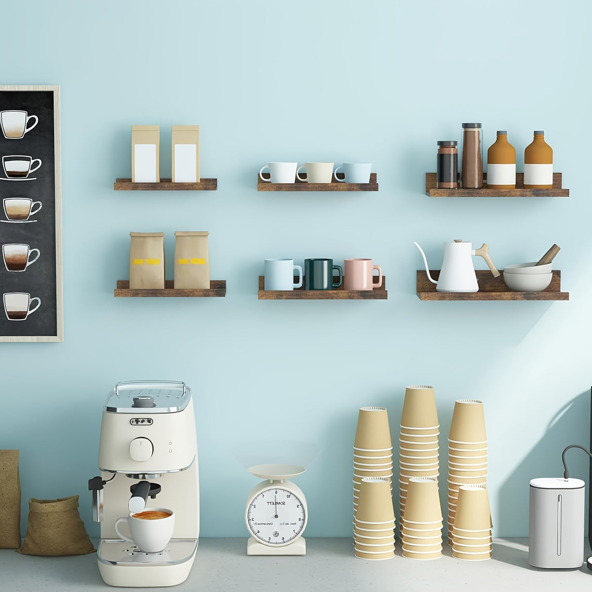 Floating Shelves in Six Sizes, 6-Piece Wall Mounted Ledge Set in Brown, White or Black for Bedroom Displays, Bathroom Storage and Living Room Decor
