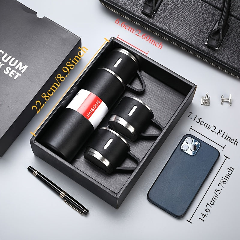 4pcs Per Set, Including 3 Small Cups+1 Water Cup, Insulated Cup Set, Stainless Steel Bottle 500Ml/ 16.9Oz Insulated, Perfect for Hot And Cold Drink, Perfect for Business And School Three Lid Portable Fashion Spot Business Event Gift Set Stainless