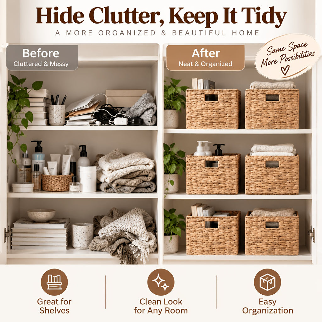 2pcs/4pcs Hyacinth Wicker Baskets Woven Baskets for Storage Baskets for Shelves Water Hyacinth Wicker Storage Basket Square Cub Natural Rattan Basket for Towels, S, Magazines and Kitchen Organizati, Shelf Baskets